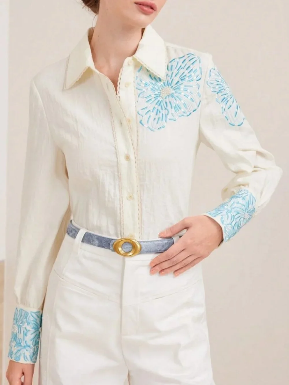 Chambray Blue Denim Belt with Oval Gold Buckle